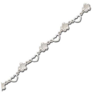 Sterling Silver Hawaiian Plumeria Flowers and Hearts Bracelet