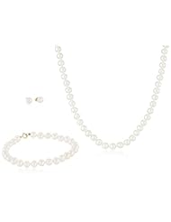 White Freshwater Cultured Pearl Necklace, Bracelet and Stud Earrings Set with 14k Yellow Gold (6-6.5mm)