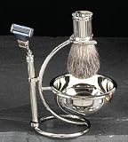 Shaving Shave Set Mach 3 Razor Badger Brush w/ Soap Dish on Stand Silver Plated