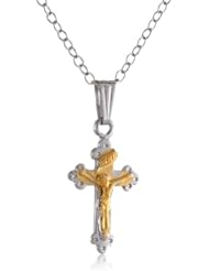 Sterling Silver Childrens "Two-Tone" Petite Crucifix Cross Pendant Necklace , 15"
