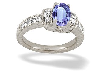 14K White Gold Genuine Oval Tanzanite and Diamond Ring
