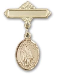 14K Gold Baby Badge with St. Amelia Charm and Polished Badge Pin