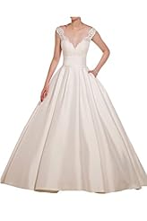 V-neck Floral Print Satin Natural   Waistline  Lace  Ball Gown Wedding Dress 