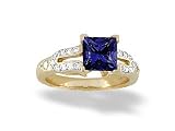 14K Yellow Gold Square Created Sapphire and Diamond Engagement Ring