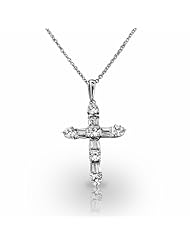 Platinum Exquisite Tapered Baguette and Round Diamond Cross Pendant. 1 7/8 CTW