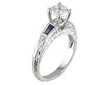 0.85 CT TW ROUND DIAMOND & BAGUETTE SAPPHIRE ANTIQUE STYLE ENGAGEMENT RING SETTING MADE IN 18K WHITE GOLD