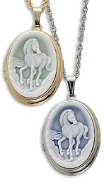 Horse Cameo Locket, Blue with Silver Tone Chain