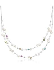 Sterling Silver Bead, White Freshwater Cultured Pearl and Crystal Two Row Necklace, 16" + 3" Extender