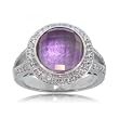 Bezel Set Amethyst Gemstone Surrounded by Diamonds White Gold Filigree Ring