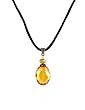 Necklace - N294 - Faceted Fire Polished Crystal Glass Pendant Hung on 16" Black Velvety Flock Cord + 2" Extension Chain - Gold Tone Ends - Oval Shape - Topaz (Gold)
