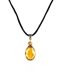 Necklace - N294 - Faceted Fire Polished Crystal Glass Pendant Hung on 16" Black Velvety Flock Cord + 2" Extension Chain - Gold Tone Ends - Oval Shape - Topaz (Gold)