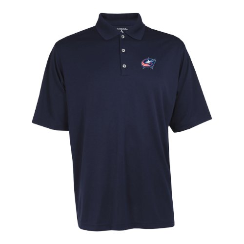 Antigua Men's NHL Columbus Blue Jackets Exceed Desert Dry Xtra-Lite Short Sleeve Polo, Navy, Large