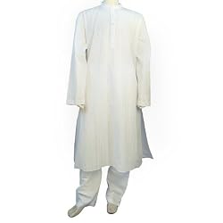 Mens Casual Clothing White Embroidered Kurta Pajama Long Sleeve Cotton Size 2XL Chest 52 inches