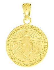 14k Gold Religious Necklace Charm Pendant, Round Miraculous Medal High Polish &