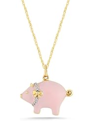 10k Yellow Gold Pink Enamel with Diamonds Pig Pendant Necklace (0.02 cttw, I-J Color, I2-I3 Clarity), 18"