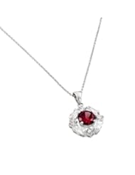 Rhodium Plated 925 Sterling Silver Round Red Ruby Cubic Zirconia Center Designer Charm Pendant Necklace with 17"-18" Adjustable Link Chain