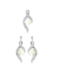 14K White Gold 0.6 cttw Enclosed In A Ribbon Diamond and White Pearl Set