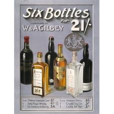 W & A Gilbey Six Bottles for 21 Shillings - Whisky, Gin, Sherry, Port - Mini Metal Wall Sign
