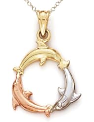 14kt Tricolor Gold 3 Dolphin Pendant - Chain Included
