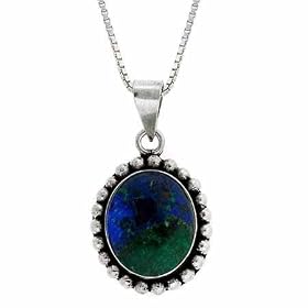 Serling Silver Genuine Azurite Stone Bali Bead Oval Pendant by 