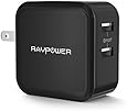 RAVPower 24W 2.4A Dual USB Wall Charger with iSmart Technology, Foldable Plug, LED indicator for iPhone, iPad, Samsung, Nexus and More - Black