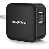RAVPower 24W 2.4A Dual USB Wall Charger with iSmart Technology, Foldable Plug, LED indicator for iPhone, iPad, Samsung, Nexus and More - Black