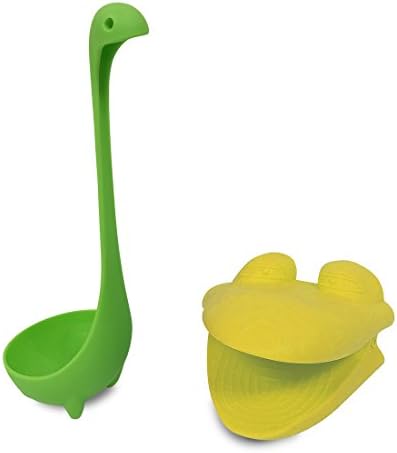 Frog Oven Mitt Yellow and Nessie Soup Ladle Green - Funny Kitchen Gadget Set