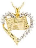 14K Yellow Gold Diamond Heart American Flag Pendant with 18 Chain