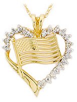 14K Yellow Gold Diamond Heart American Flag Pendant with 18" Chain