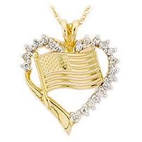 14K Yellow Gold Diamond Heart American Flag Pendant with 18" Chain by 