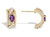 14K Yellow Gold Genuine Oval Amethyst and Diamond Hoop Earrings