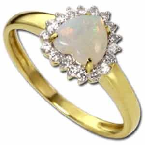 14Kt Yellow Gold Heart Shaped Opal Diamond Ring