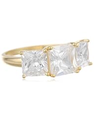 18k Yellow Gold Plated Sterling Silver Princess Cut Diamond Simulant Yesterday, Today, Tomorrow 3-Stone Ring, (9.22 cttw), Size 8