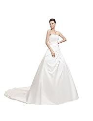 A-line Strapless Polyester/Satin Lace-Up Beaded Sequined Wedding Dress  with a Court Train 