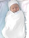 White COMFORT SILKIE - Snuggle Wrap INFANT SWADDLER, Original patented shape for easy swaddle and true comfort. Design by "Mother of Comfort", parent educator Jeanelle Troncone.