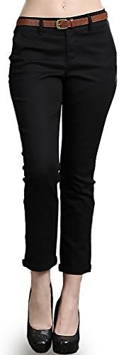New Women's Stretch Cotton Button Trim Zipper with Belt Cropped Capri Pants L, Black