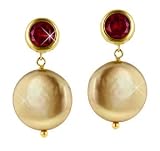 14K Gold Champagne Coin Pearl with Garnet Earrings