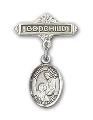 Sterling Silver Baby Badge with St. Paula Charm and Godchild Badge Pin
