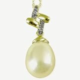 Natural Cream 10-11mm Art Deco Interlocked 14k Gold Diamond Cultured Pearl Pendant w. Gold Chain Necklace - by Dahlia Classic Jewelry Collection
