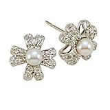 14K White Gold Pearl & Diamond Earrings