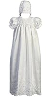 Long White Embroidered Shantung Christening Baptism Gown with Matching Bonnet