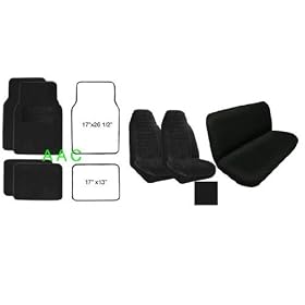 A Set of 2 Universal Fit High Back Encore Pattern Front Bucket Seat Cover, A Set of 4 Universal Fit Plush Carpet Floor Mats for Cars and One Universal Fit Encore Rear / Bench Seat Cover - Black