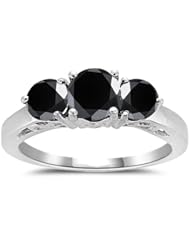 1.75 Cts AA Round Black Diamond Three Stone Ring in 14K White Gold
