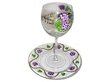 ArtisanStreet's Kiddush Cup Gift Set. 2 Piece Set of Large Wine Goblet with Matching Glass Plate. Features Hand Painted Grape Design and BOREI PRE HAGOFEN in Gold Hebrew Lettering. Use for Shabbat, Holidays & Festivals. One of a Kind, Signed by Artisan