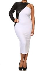 Colorblocking Stretchy Fitted Faux-Leather/Polyester/Spandex One Shoulder Two-Toned Bodycon Dress/Midi Dress 