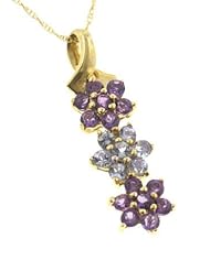 Genuine Tanzanite and Amethyst Cluster 10K Yellow Gold Pendant with Chain Necklace Gift Boxed