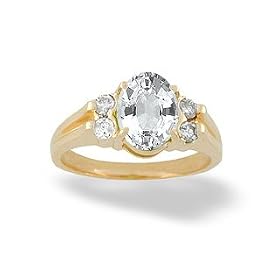 14K Yellow Gold Genuine Oval White Topaz and Diamond Ring by 