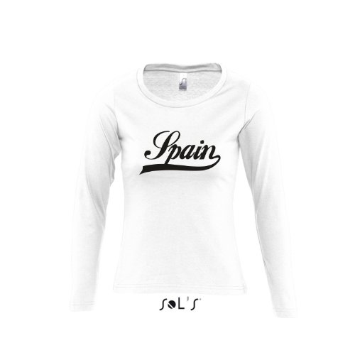 Spanien Oldschool Spain LÄNDERSHIRT EM / WM FAN Trikot – Damen Langarm Longsleeve T-Shirt S-XL , White – schwarz , L