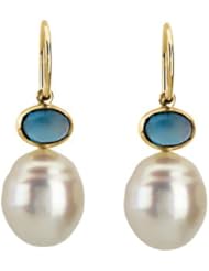 08.00X06.00MM/12.00MM F 14K Yellow Gold South Sea Cultured Pearl Genuine London Blue Topaz Earirngs