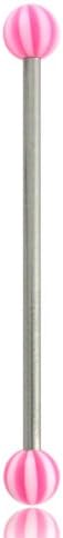 Surgical Steel Industrial Barbell with Pink Striped UV Balls (14g, 35mm)